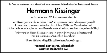 Traueranzeige von Hermann Kissinger von vrm-trauer