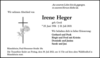 Traueranzeige von Irene Heger von vrm-trauer