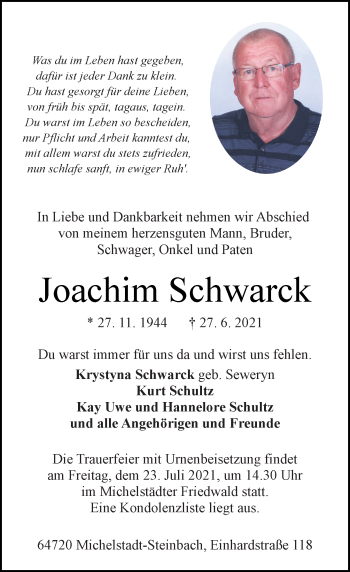 Traueranzeige von Joachim Schwarck von vrm-trauer