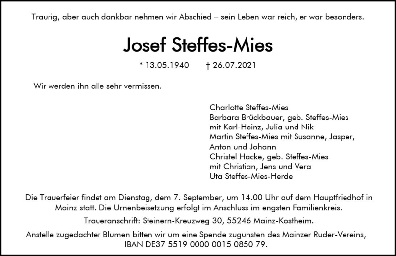  Traueranzeige für Josef Steifes-Mies vom 31.07.2021 aus vrm-trauer