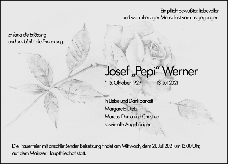  Traueranzeige für Josef Werner vom 17.07.2021 aus vrm-trauer