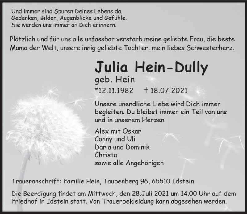  Traueranzeige für Julia Hein-Dully vom 24.07.2021 aus vrm-trauer