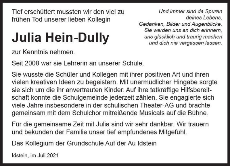  Traueranzeige für Julia Hein-Dully vom 24.07.2021 aus vrm-trauer