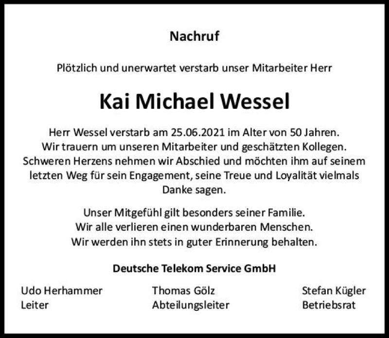  Traueranzeige für Kai Michael Wessel vom 03.07.2021 aus vrm-trauer