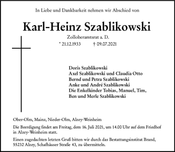 Traueranzeige von Karl-Heinz Szablikowski von vrm-trauer