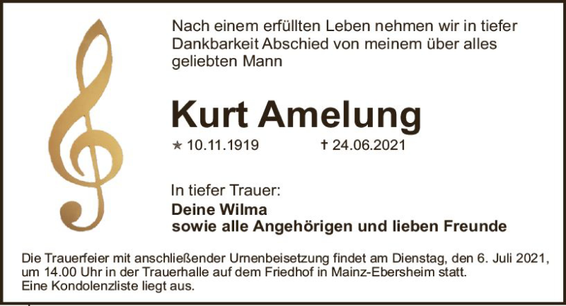  Traueranzeige für Kurt Amelung vom 03.07.2021 aus vrm-trauer