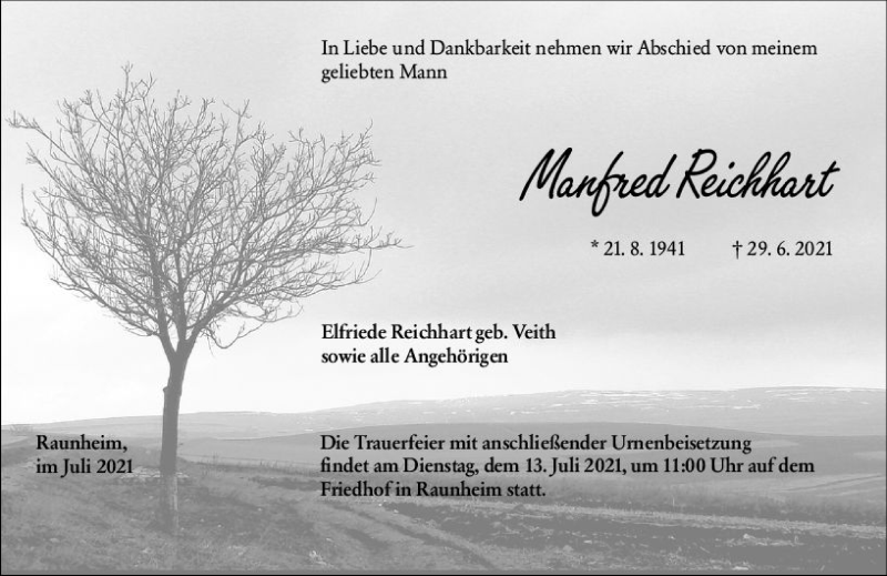  Traueranzeige für Manfred Reichhart vom 03.07.2021 aus vrm-trauer