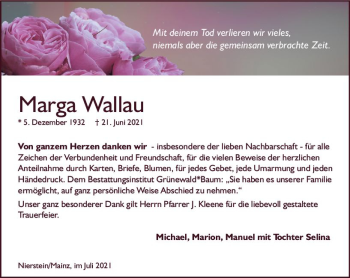 Traueranzeige von Marga Wallau von vrm-trauer