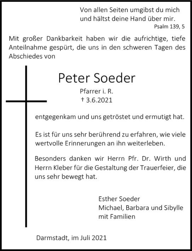  Traueranzeige für Peter Soeder vom 03.07.2021 aus vrm-trauer