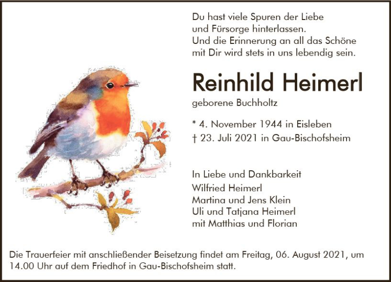  Traueranzeige für Reinhild Heimerl vom 31.07.2021 aus vrm-trauer