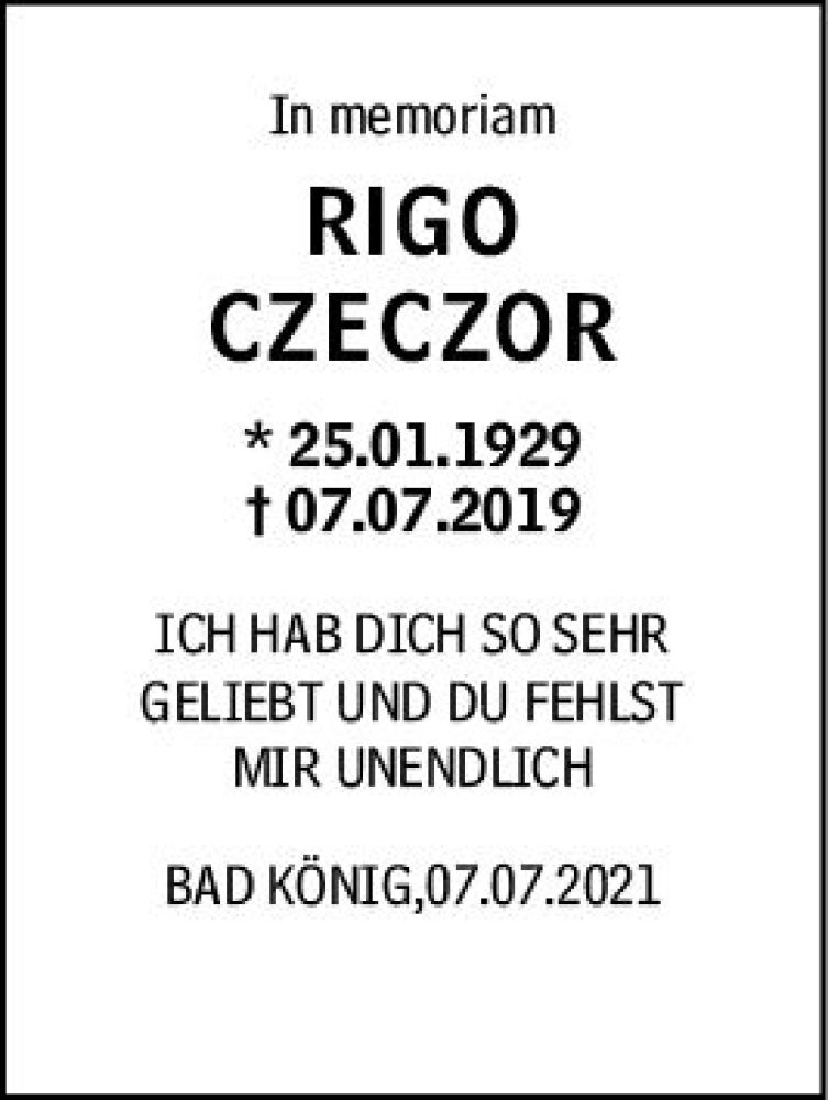  Traueranzeige für Rigo Czeczor vom 07.07.2021 aus vrm-trauer