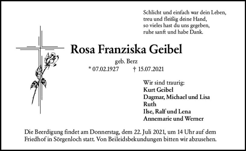  Traueranzeige für Rosa Franziska Geibel vom 20.07.2021 aus vrm-trauer