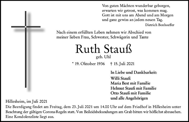 Traueranzeige für Ruth Stauß vom 20.07.2021 aus vrm-trauer