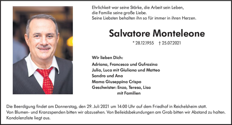  Traueranzeige für Salvatore Monteleone vom 28.07.2021 aus vrm-trauer