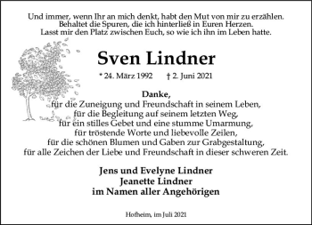 Traueranzeige von Sven Lindner von vrm-trauer