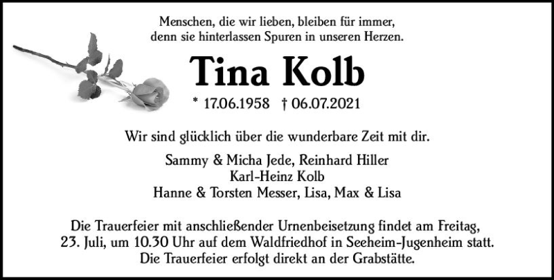  Traueranzeige für Tina Kolb vom 10.07.2021 aus vrm-trauer