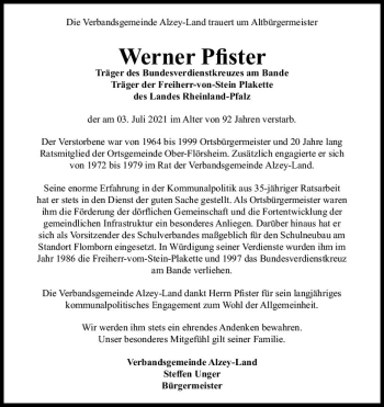 Traueranzeige von Werner Pfister von vrm-trauer