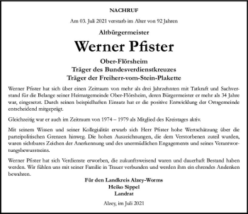Traueranzeige von Werner Pfister von vrm-trauer
