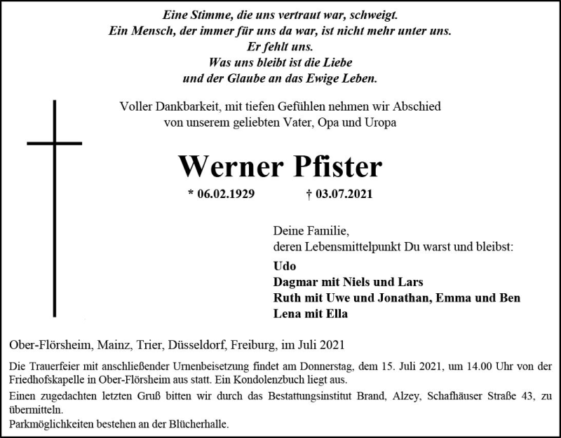  Traueranzeige für Werner Pfister vom 10.07.2021 aus vrm-trauer