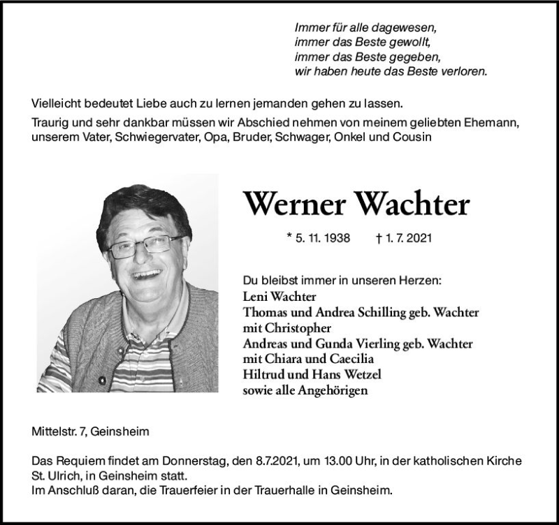  Traueranzeige für Werner Wachter vom 06.07.2021 aus vrm-trauer