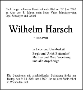 Traueranzeige von Wilhelm Harsch von vrm-trauer