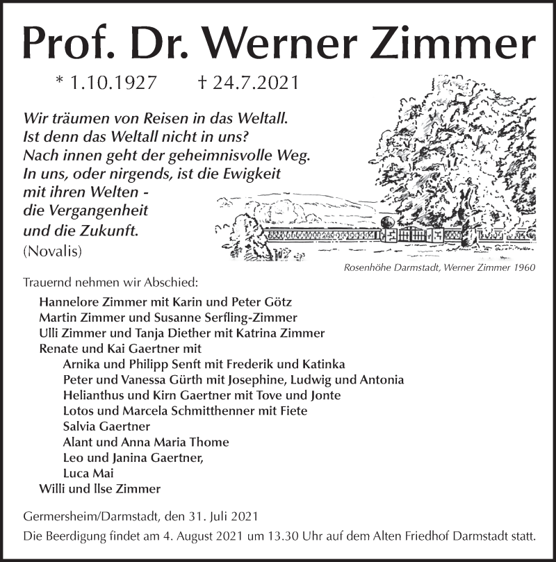  Traueranzeige für Prof. Dr. Werner Zimmer vom 31.07.2021 aus 