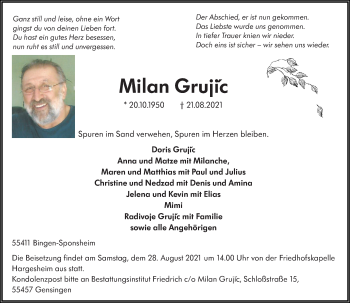 Traueranzeige von Milan Grujic von VRM Tageszeitungen