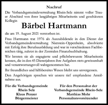 Traueranzeige von Bärbel Hartmann von vrm-trauer