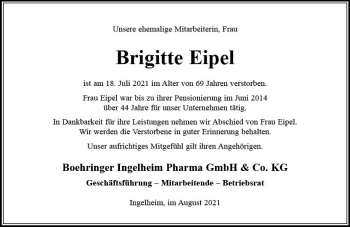 Traueranzeige von Brigitte Eipel von vrm-trauer