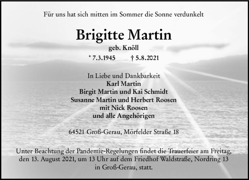  Traueranzeige für Brigitte Martin vom 11.08.2021 aus vrm-trauer