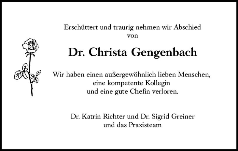  Traueranzeige für Christa Gengenbach vom 14.08.2021 aus vrm-trauer