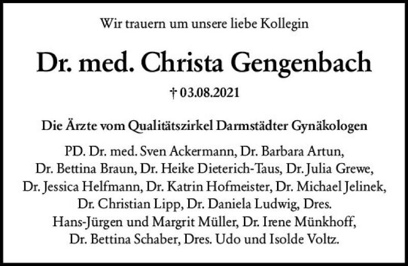  Traueranzeige für Christa Gengenbach vom 28.08.2021 aus vrm-trauer