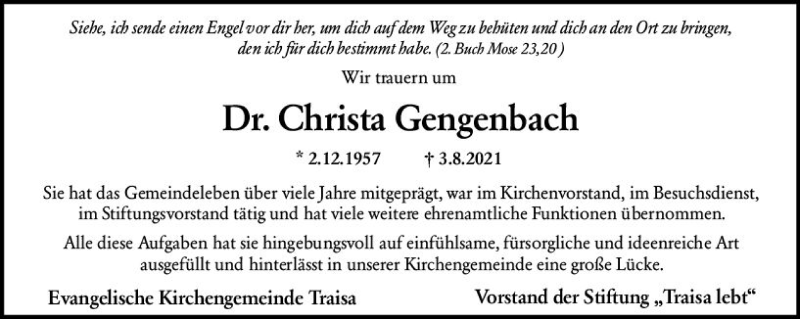  Traueranzeige für Christa Gengenbach vom 14.08.2021 aus vrm-trauer