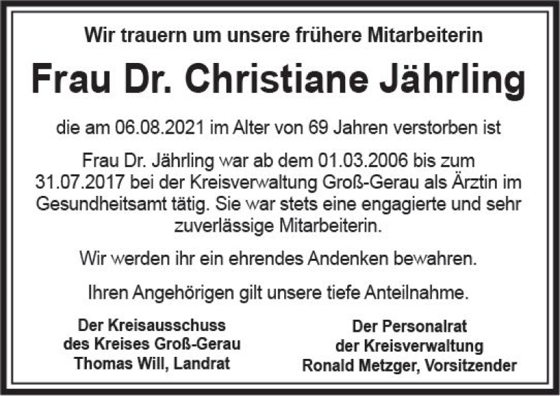  Traueranzeige für Christiane Jährling vom 20.08.2021 aus vrm-trauer