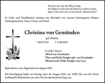 Traueranzeige von Christina von Gemünden von vrm-trauer