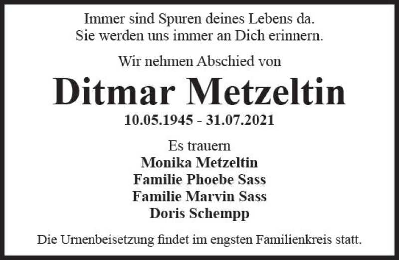  Traueranzeige für Ditmar Metzeltin vom 06.08.2021 aus vrm-trauer