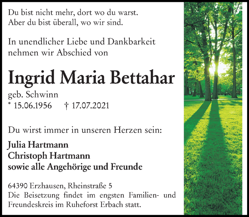  Traueranzeige für Ingrid Maria Bettahar vom 24.07.2021 aus VRM Tageszeitungen