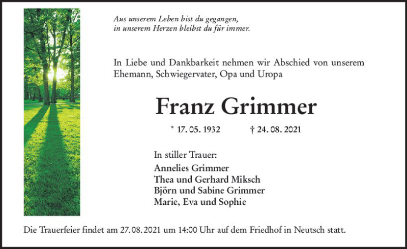  Traueranzeige für Franz Grimmer vom 26.08.2021 aus vrm-trauer