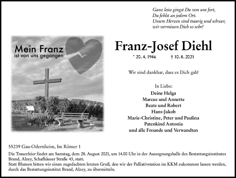  Traueranzeige für Franz-Josef Diehl vom 14.08.2021 aus vrm-trauer