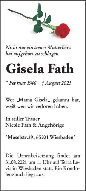 Traueranzeige von Gisela Fath von vrm-trauer
