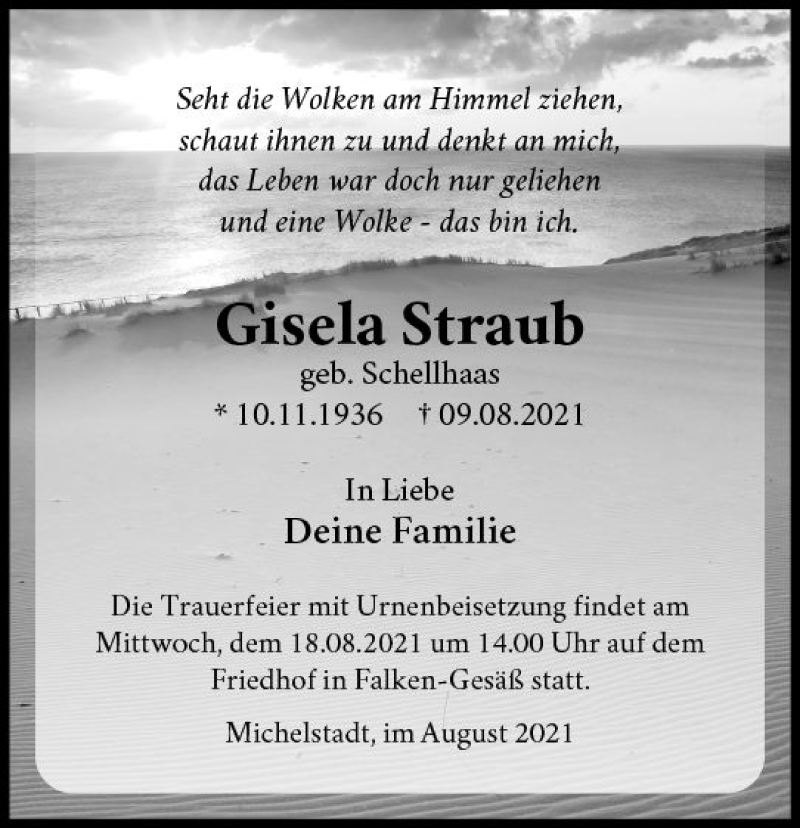  Traueranzeige für Gisela Straub vom 14.08.2021 aus vrm-trauer