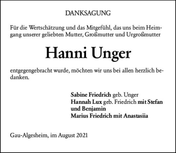 Traueranzeige von Hanni Unger von vrm-trauer