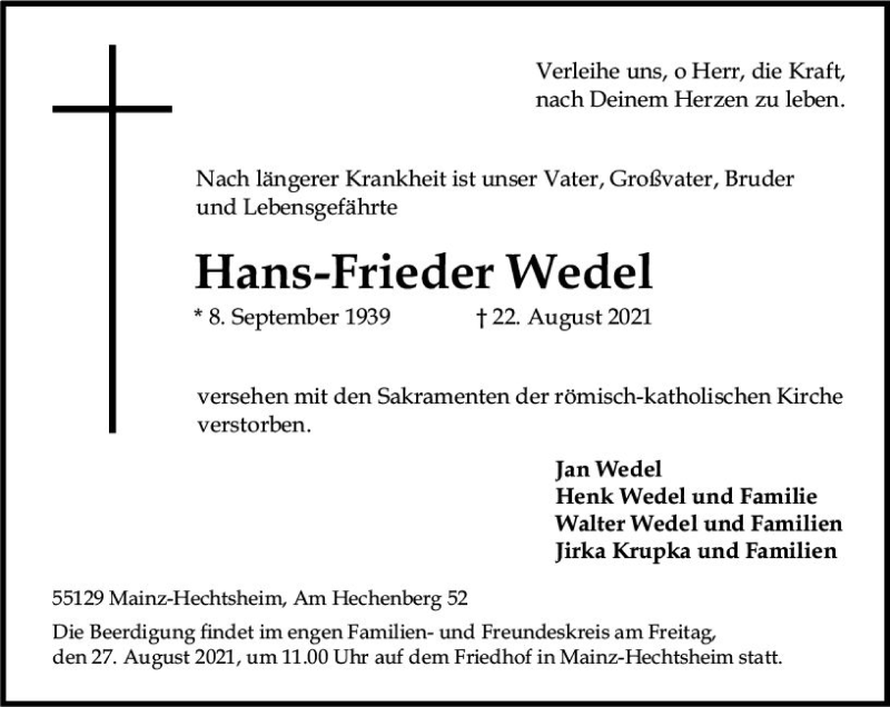  Traueranzeige für Hans-Frieden Wedel vom 26.08.2021 aus vrm-trauer