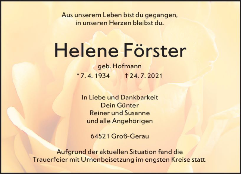  Traueranzeige für Helene Förster vom 07.08.2021 aus vrm-trauer