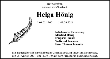 Traueranzeige von Helga Hönig von vrm-trauer