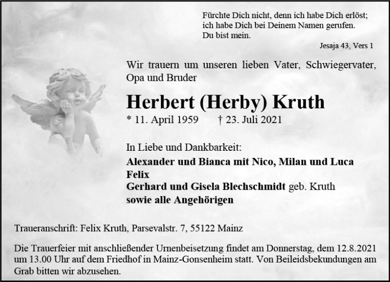  Traueranzeige für Herbert  Kruth vom 07.08.2021 aus vrm-trauer