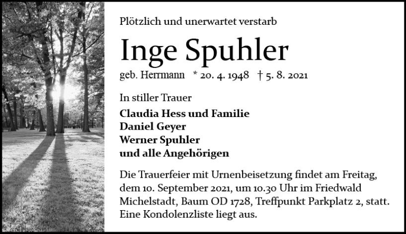  Traueranzeige für Inge Spuhler vom 14.08.2021 aus vrm-trauer