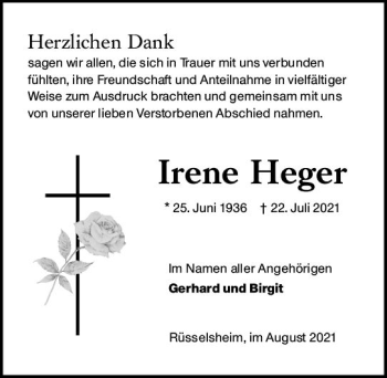 Traueranzeige von Irene Heger von vrm-trauer