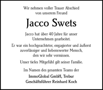 Traueranzeige von Jacco Swets von vrm-trauer