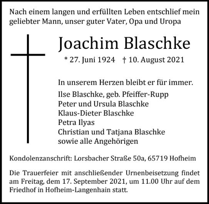  Traueranzeige für Joachim Blaschke vom 27.08.2021 aus vrm-trauer